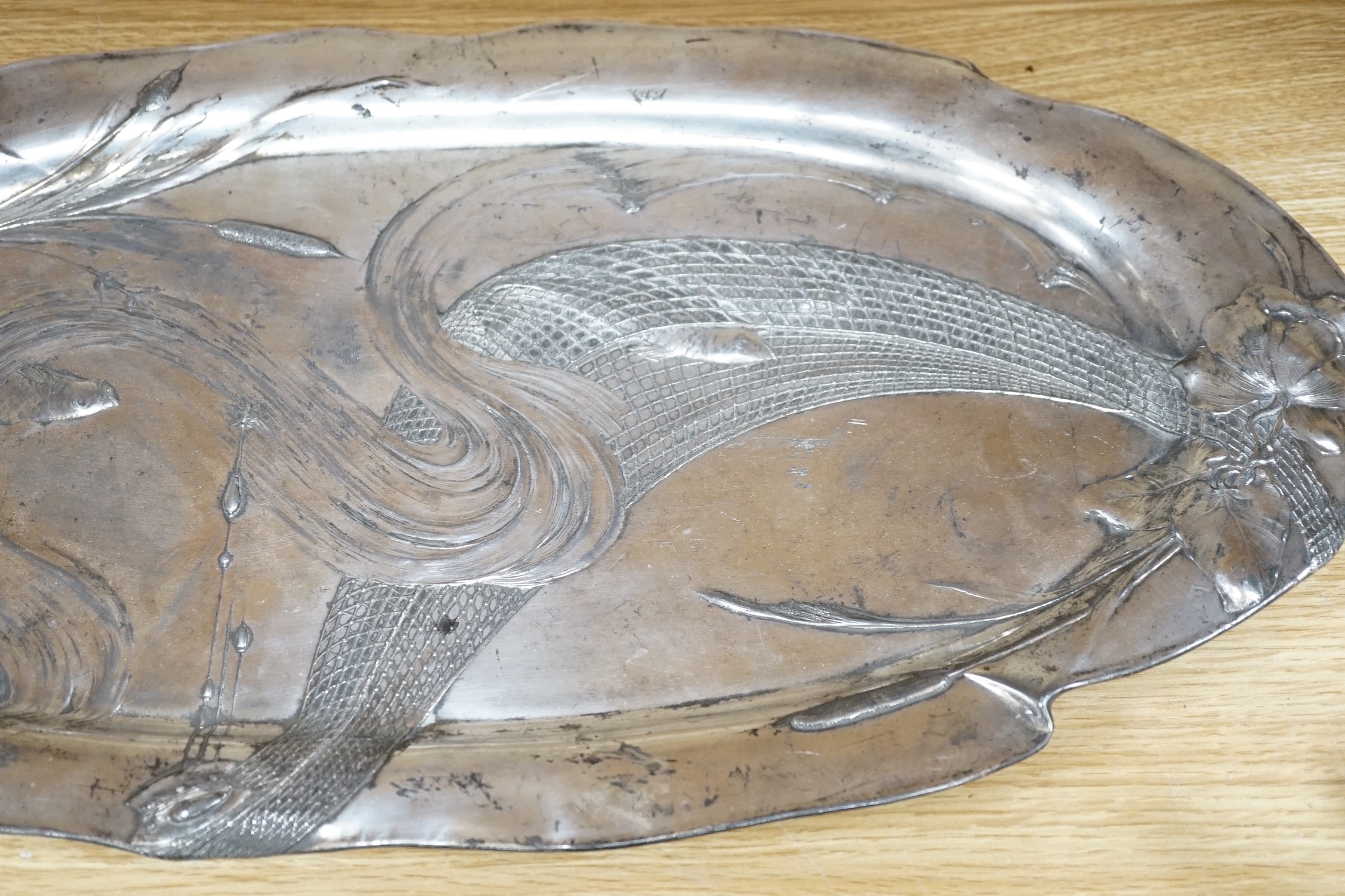 WMF style oval pewter fish dish, monogrammed and dated 1913 to reverse, 57cm long